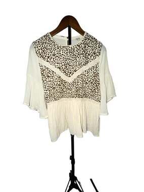 Umgee Leopard Animal Print Mixed Media Bell Sleeve Boho Tunic Blouse L